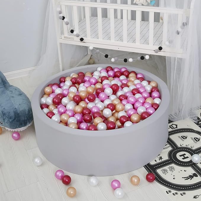 GOGOSO Ball Pit Balls for Toddler, Baby Plastic Playballs Kids Soft Pastel Pelotas Non-Toxic BPA-Free,Dark Pink+Gold+White+red,100 Balls