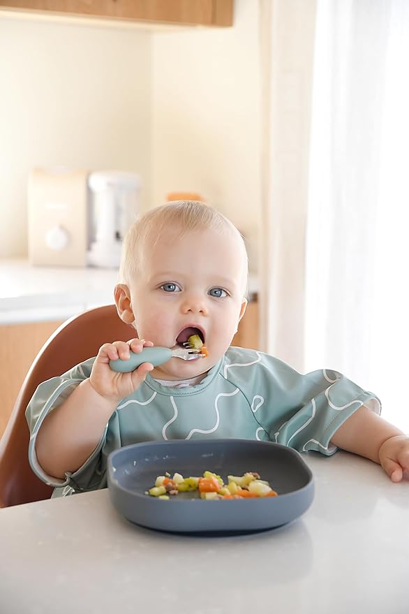 BEABA Set of 2 Stainless Steel Pre-Cutlery, Baby Toddler Stainless Steel with Silicone Utensils, Silverware Spoon Fork for Baby Toddler, Sage