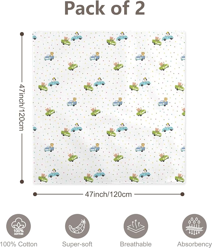 2-Pack Muslin Swaddle Blankets 47x47-100% Cotton Breathable Receiving Blankets for Newborn Baby, Soft Swaddling Wraps, Polka Dot Cruisers