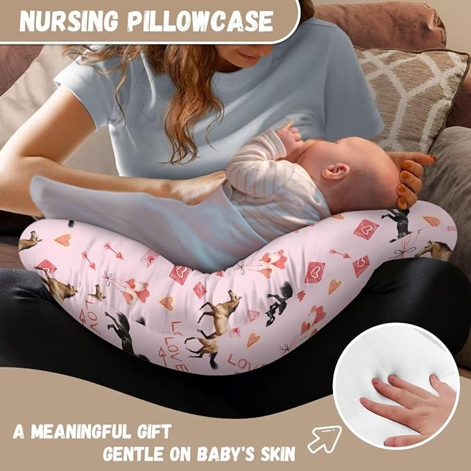 Horse Nursing Pillow Cover for Baby Girls Boys Newborn U-Shaped Breastfeeding Pillowcase Love Arrow Nursing Pillow Slipcovers Fits The Original Support Pillow Pink