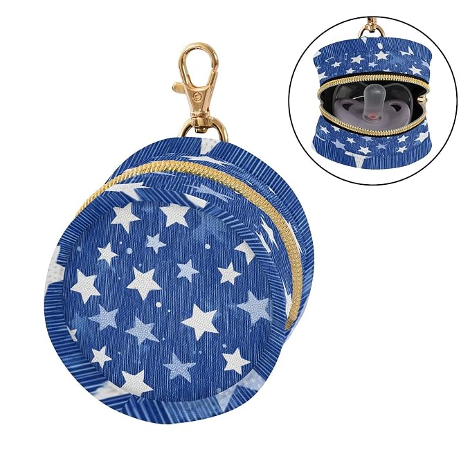 Pacifier Holder with Clip Pacifier Case for Diaper Bag Round Baby Pacifier Pouch Box Bag Portable Blue Striped Stars Dots