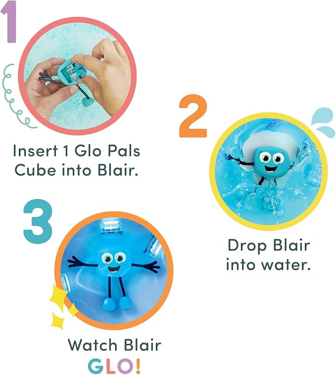 Glo Pals Water-Activated Light-Up Sensory Bath Toy Character and 6 Cubes for Bathtime and Sensory Play, Blair, Glows Blue
