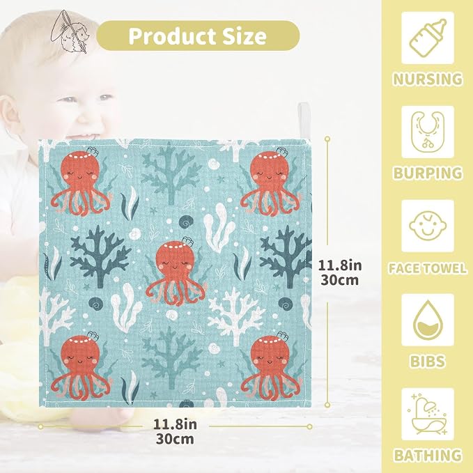 vvfelixl Octopus Swimming Underwater Baby Burp Cloths Baby Muslin Washcloths for Boys Girls Cotton Baby Face Towel for Newborn Infants Soft and Absorbent 11.8 X 11.8 in, 5 Pack
