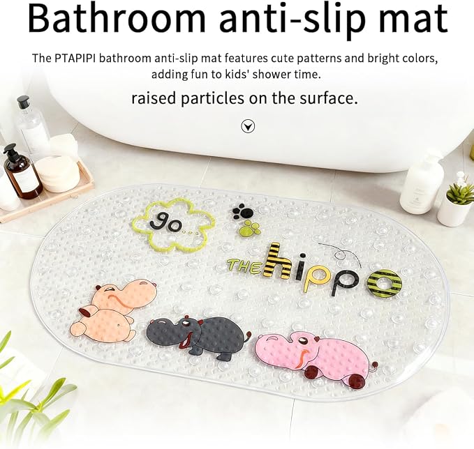 PTAPIPI Sea Animal Kids Bath Mat - 27x15 Inch Oval PVC Mat with Suction Cups, Machine Washable, Colorful Design for Children (Cute Hippopotamus)