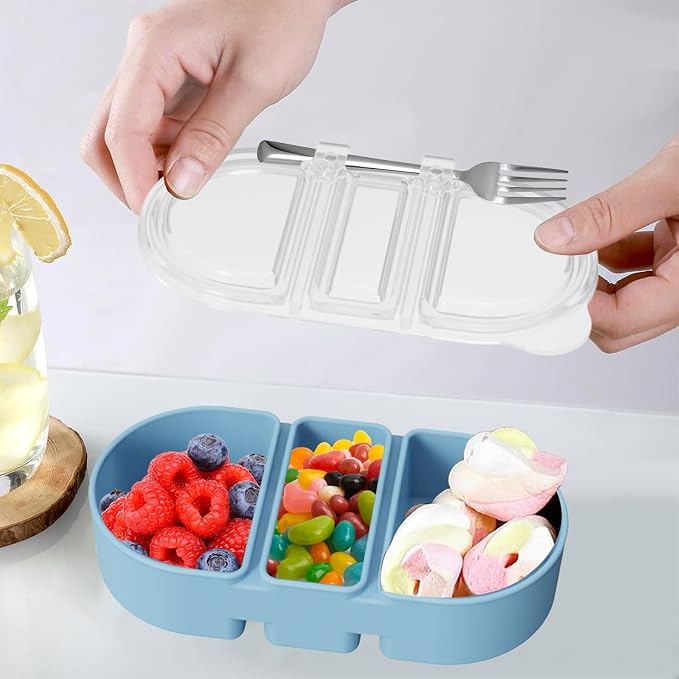 Silicone Snack Containers 3 Compartments Reusable Snackle Box with Lids Portable Food Storage for Picnic Lunch Office Gym School BPA-Free & Dishwasher Safe (Pink/Blue/Green)