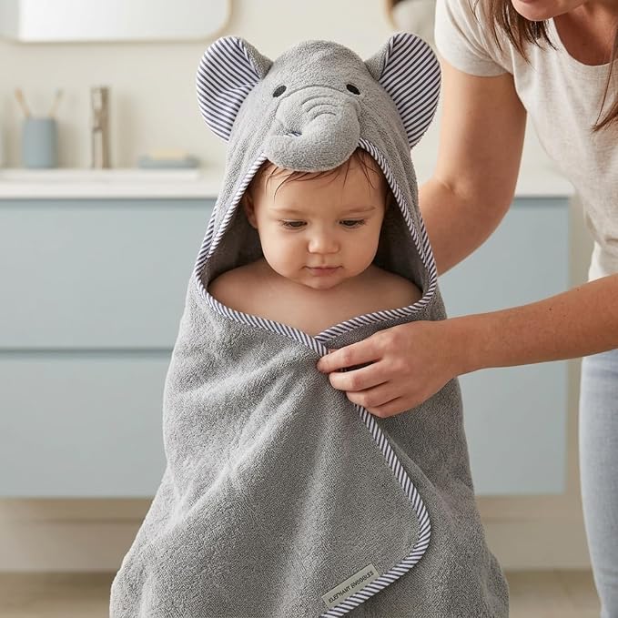 EVERYDAY KIDS Hooded Baby Toddler Bath Towel for Boys and Girls - 3D Gray Elephant with Ears and Trunk; Soft and Absorbent Terry Cloth Hooded Towel for Young Kids; Gender Neutral Baby Bath Essential
