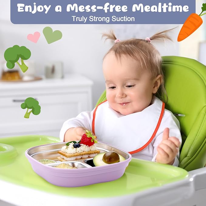 Geiserailie Square Stainless Steel Toddler Plates with Suction – 7.68” Divided Plates with Removable BPA-Free Silicone Sleeves, Unbreakable Baby Feeding Dishes Set of 4 (Pink,Green,Purple,Blue)