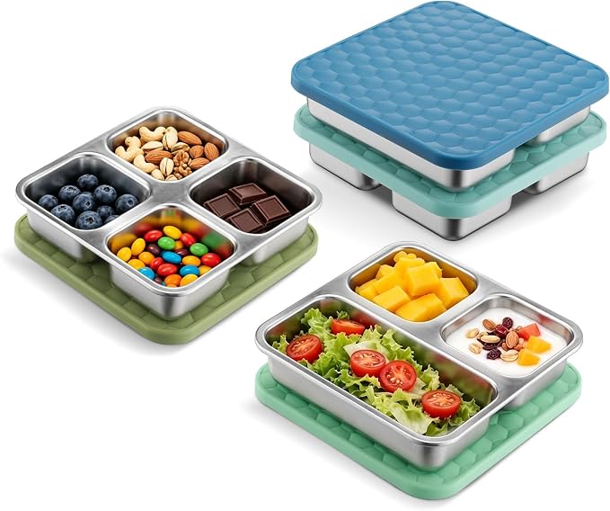 Tanjiae Stainless Steel Snack Box for Kids & Toddlers, 20oz Multi-Compartment Leak Proof Small Food Containers with Silicone Lids - Reusable Metal Bento Box for Daycare, School, Travel, Camping