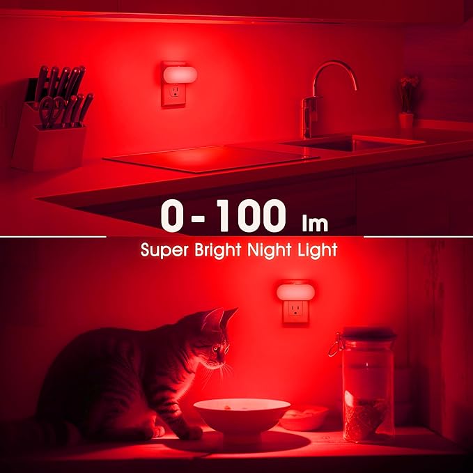 DORESshop Red Night Light, Auto On/Off, 0-100 LM Adjustable Brightness, Dimmable Plug Into Wall Light Sensor Night Light for Kids Room, Bedroom, Stair Lights, 1W, 2 Pack