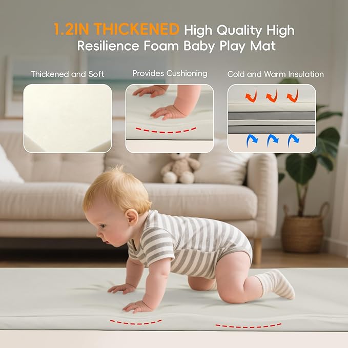 Suihuooo Baby Play Mat Foldable, 1.2" Thick Waterproof Playmats for Floor, Thicken Foam Playmat for Tummy Time, 47x47 Playpen Mat, Portable Baby Floor Mat for Infant, Toddler, Beige & Gray