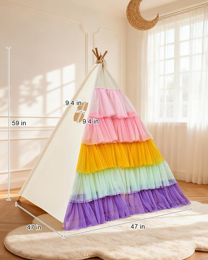 Hallo Deer Teepee Tent for Kids, Toddler Teepee with Star Lights & Rainbow Tulle, Girls Princess Play Tent, Foldable Kids Teepee Tent for Inside Playhouse Kid Toy Gift