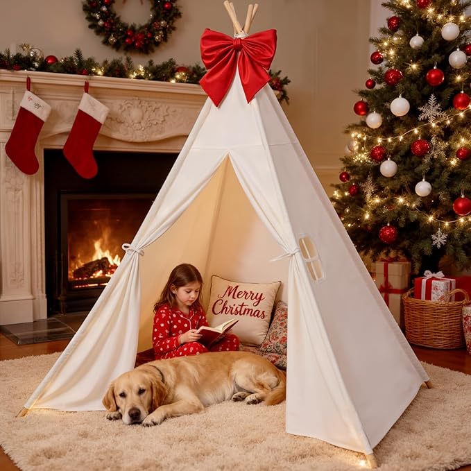 Sumbababy Teepee Tent for Kids, Cotton Canvas Indoor Play Tent, Foldable Toddler Sleepover Tents for Girls & Boys Slumber Party, Washable Gift Set with Star Lights, Banner & Carry Bag