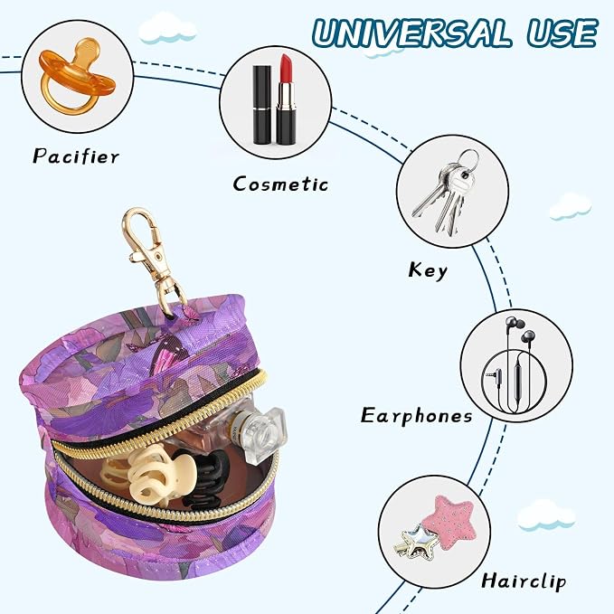 Pacifier Holder with Clip Pacifier Case for Diaper Bag Round Baby Pacifier Pouch Box Bag Portable Pink Irise Butterfly