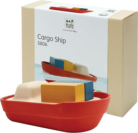 PlanToys® Cargo Ship Bath Toy for Toddlers | Floating Boat with Cargo Blocks for Water Play | Montessori Educational Toy | Eco-Friendly Bathtub Toys for Kids