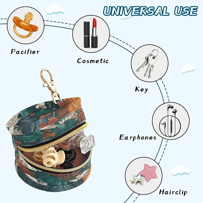 Pacifier Holder with Clip Pacifier Case for Diaper Bag Round Baby Pacifier Pouch Box Bag Portable Green Orange Red Tropical Palm Leaves
