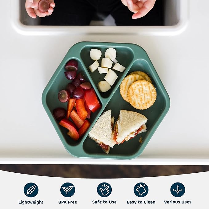 Tiny Twinkle Silicone Suction Baby Plate, Suction Grip Divided Dish for First Foods and Self-Feeding Toddlers, Baby Led Weaning Supplies for Independent Eating (Olive Plate with Lid)