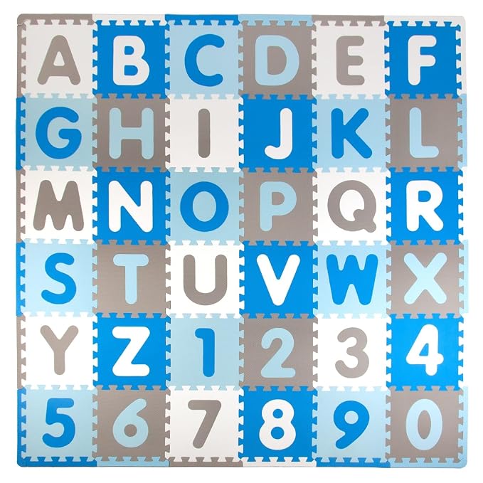 Tadpoles Foam Playmats for Kids, 36 Interlocking Tiles Teach the ABCs and Numbers 0-9, Total Floor Coverage 74” x 74” (36 Sq Ft), For Ages 3 and Up, Colors: Blue/Grey