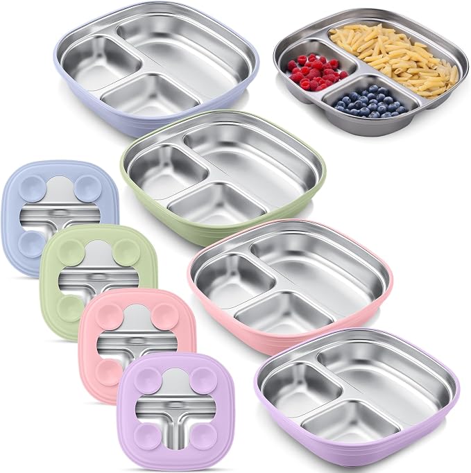 Geiserailie Square Stainless Steel Toddler Plates with Suction – 7.68” Divided Plates with Removable BPA-Free Silicone Sleeves, Unbreakable Baby Feeding Dishes Set of 4 (Pink,Green,Purple,Blue)