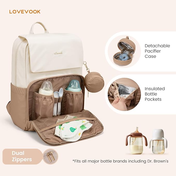 LOVEVOOK Diaper Bag Backpack, Baby Travel Bags for Boys & Girl, Toddler Waterproof Diaper Bag w/Changing Pad (Beige khaki, 15.6''-Small)