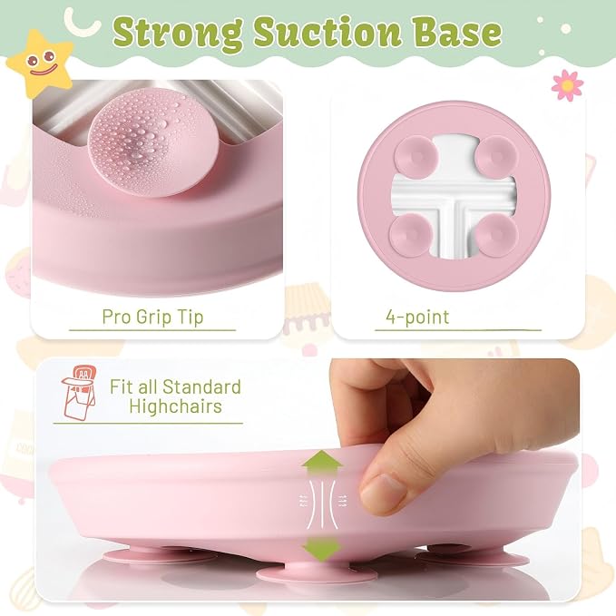 Domensi 4 Sets 8 Inch Kids Porcelain Plates with Silicone Suction Sleeve Antislip White Ceramic Divided Toddler Plates Microwave Dishwasher Safe for Baby Children Feeding Supplies (Cyan,Pink)