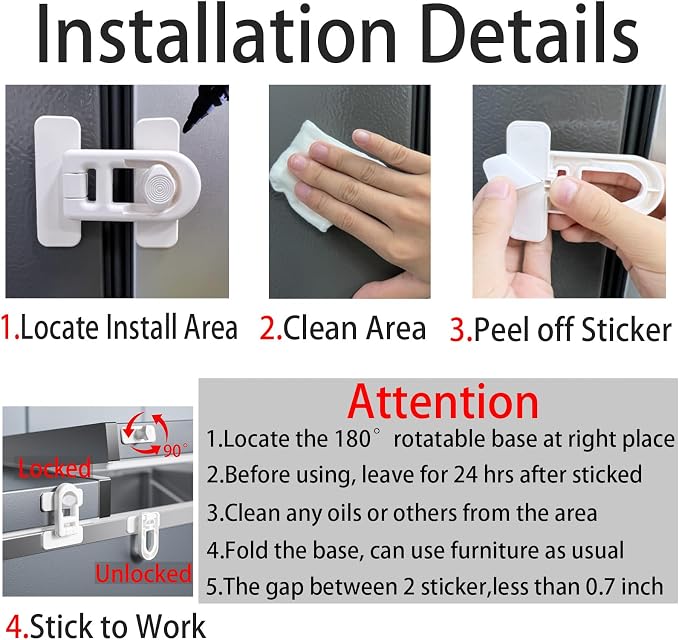 Child Safety Refrigerator Lock, No Drill Adhesive 180° Swivel 2PK | 90° Twist One-hand, fits French Freezer, Cabinet, Drawer. Renter friendly. Babyproof, Toddler & Petproof 2-pack for RV Camper