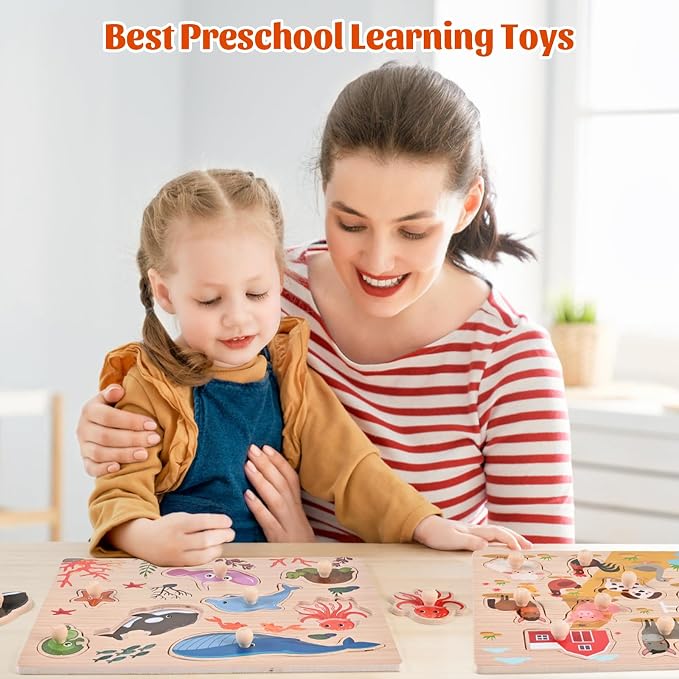 Wooderma Wooden Peg Puzzles for Toddlers 1-3, 2 Pcs Upgraded Montessori Educational Learning Puzzle Toy - Animal & Sea Themes Puzzles, Great Preschool Gifts for Girls and Boys (8.86 * 11.61 * 0.3in)