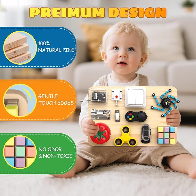 Umnodobn Wooden Montessori Busy Board, Sensory Activity Toy for Toddlers Kids, Fine Motor Skills Development Plaything, Portable Travel Fidget Board for Boys Girls, Educational Focus & Thoughtful