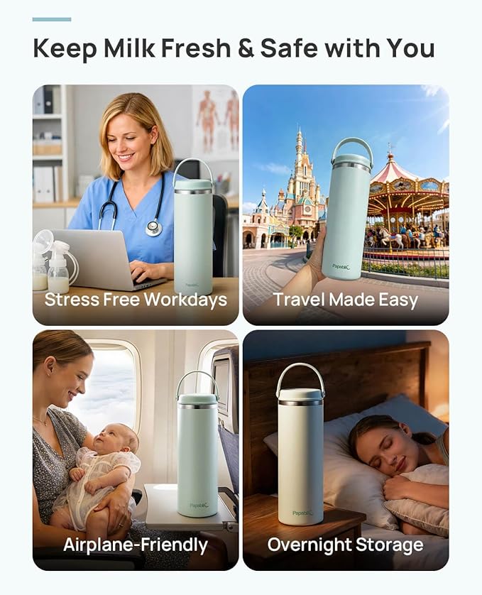 Papablic 360° CapsuleChill Breastmilk Cooler for 36H Safe Storage, Stress-Free Portable Breast Milk Chiller for Working Mom, 20oz Travel Cooler with 2pcs Stainless Steel Baby Bottles, Lilac Purple