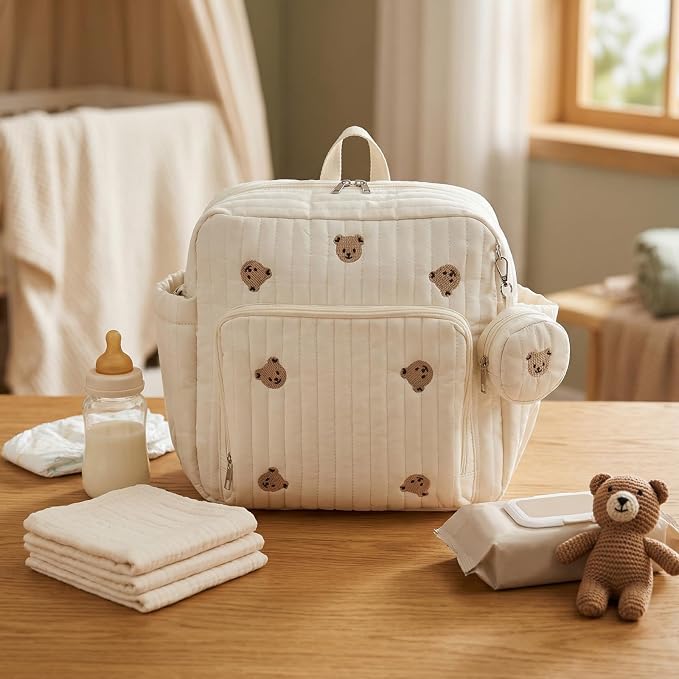 Cute Diaper Bag Pañaleras Para Bebe Baby Small Diaper Bag Backpack Bear Mom Bag with Changing Pad for Mom Dads (Bear)