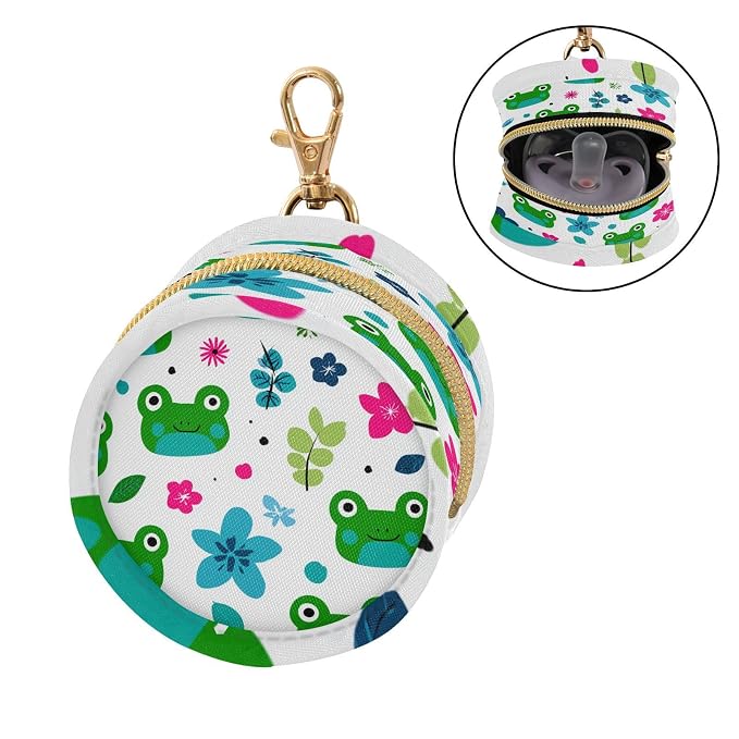 Pacifier Holder with Clip Pacifier Case for Diaper Bag Round Baby Pacifier Pouch Box Bag Portable Cartoon Frogs White