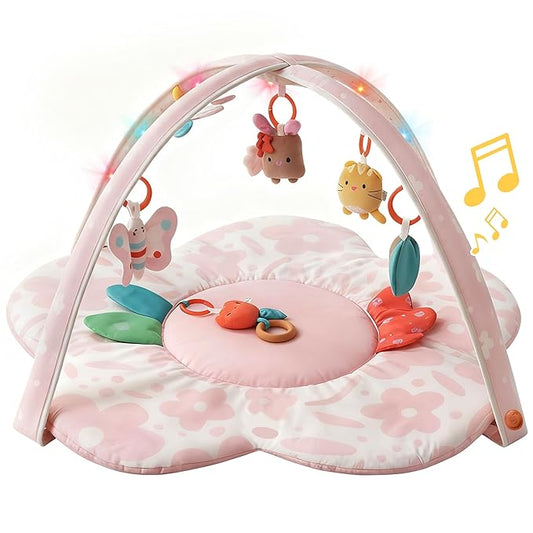 Baby Play Gym & Activity Mat with Light-up Musical Arch, Washable Tummy Time Mat with 6 Detachable Sensory Toys for Motor Skills, Baby Essentials Shower Gift - Updated Spring Blossoms Themed