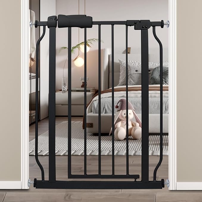 Narrow Baby Gates for Stairs Doorways Auto Close Tension Black Metal Child Pet Safety Gates with Pressure Mount 24-29 Inch Wide