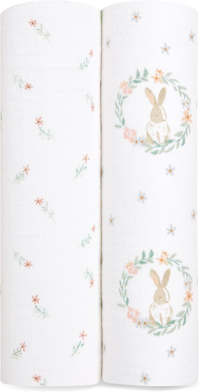 aden + anais Essentials Swaddle Blanket, Muslin Blankets for Girls & Boys, Baby Receiving Swaddles, Newborn Gifts, Infant Shower Items, 2 Pack, Blushing Bunnies