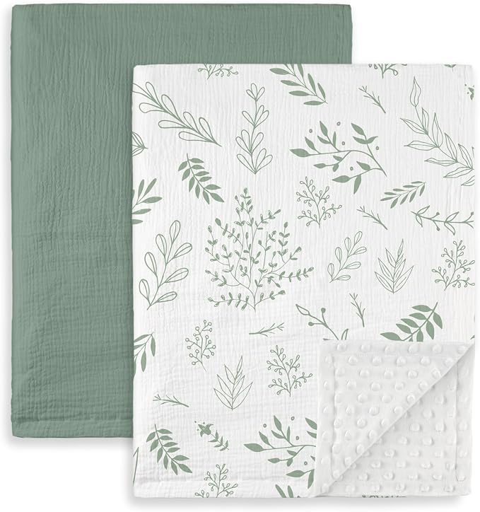 GLLQUEN BABY Blankets for Boys Girls, Soft Muslin Cotton Front Dotted Fleece Backing, Nursery Minky Crib Blanket for Infant Toddler, 30 x 40 inches Throw Blanket, Green & Leaves
