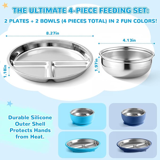 Havawish 4 Pcs Stainless Steel Baby Plate and Bowl with Suction, 8.3" Kid Divided Plate 4" Toddler Bowl with Removable Silicone, BPA-free Non-slip Baby Feed Set Dishwasher Safe for Boy Girl (Teal)