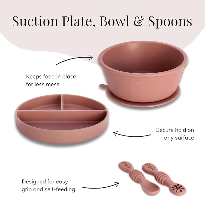 Little Loon Baby Led Weaning Starter Set ??Complete Silicone Feeding Kit for 6+ Months - Baby Plates, Bibs, Spoons & Sippy Cup - Baby Shower Gifts - Rose