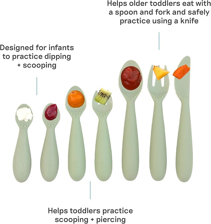 ezpz Developmental Utensil Set (Sage) - 100% BPA Free Fork, Spoon, Knife for Babies, Toddlers and Preschool - First Foods + Self-Feeding - Designed by a Pediatric Feeding Specialist