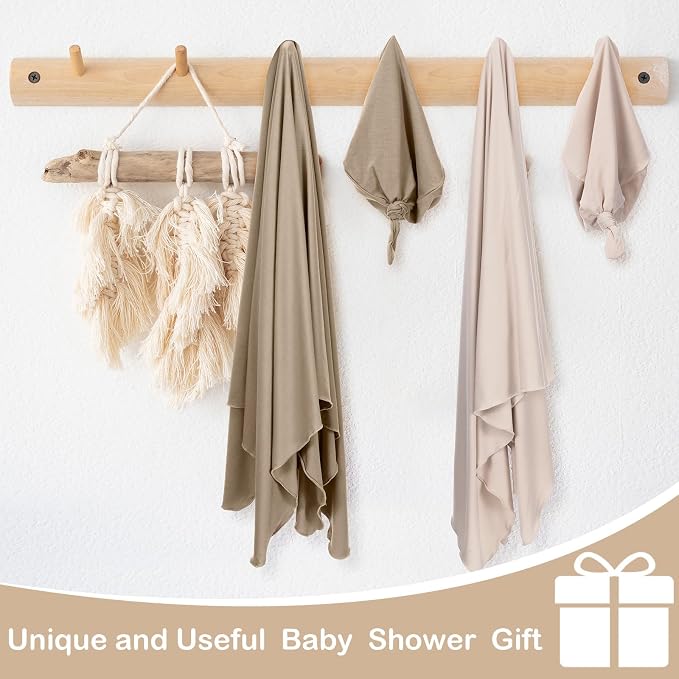 JaGely 2 Pcs Stretchy Baby Swaddle Blankets Set with Hats Extra Soft 47" x 47" Newborn Nursery Swaddle Wrap for Baby Girls and Boys(Apricot, Khaki)
