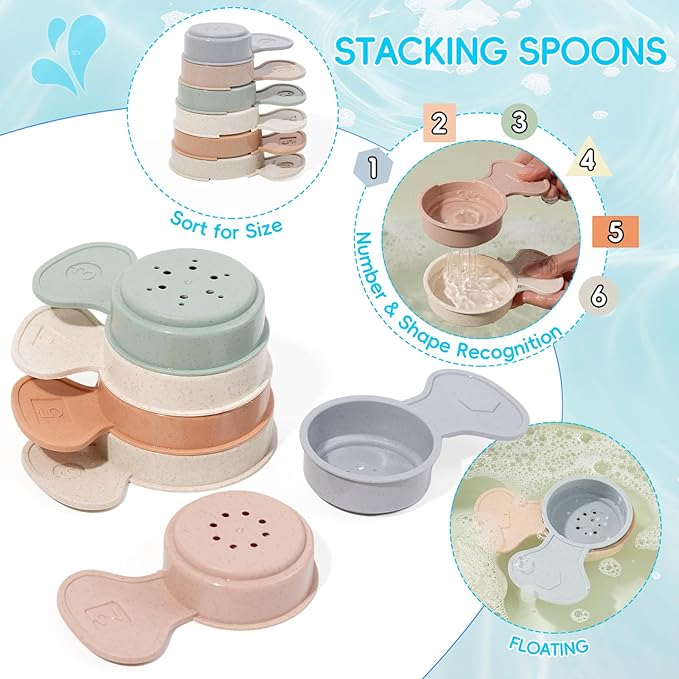 Baby Bath Toys for Kids Ages 1-3, 15PCS Mold Free Bath Toys Toddlers 2-4, Bathtub Pool Water Table Toys, Silicone Bath Toy and Floating Boats & Stacking Spoons for Babies 6-12 Months