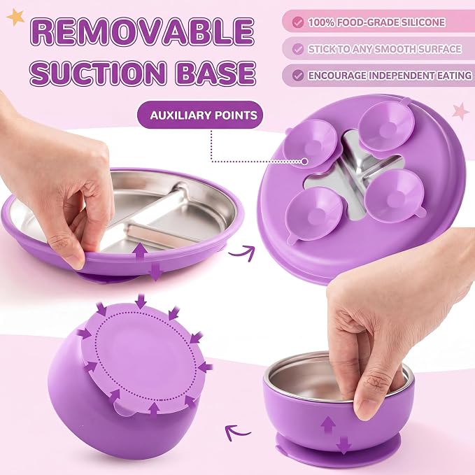 Havawish 4 Pcs Stainless Steel Baby Plate and Bowl with Suction, 8.3" Kid Divided Plate 4" Toddler Bowl with Removable Silicone, BPA-free Non-slip Baby Feed Set Dishwasher Safe for Boy Girl (Purple)