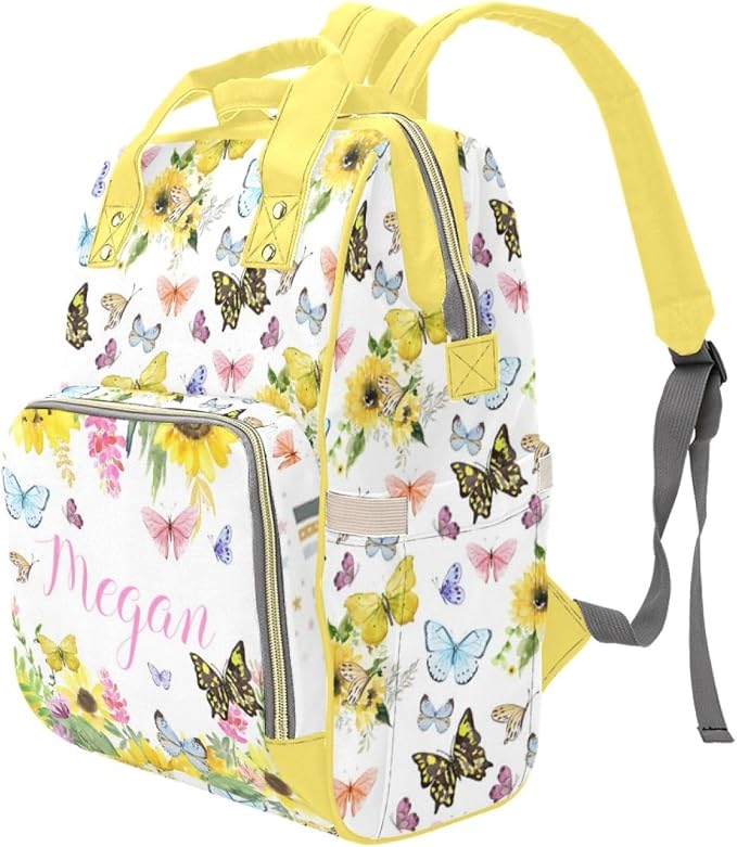 Customized Sunflower Butterfly Diaper Bag for Boys Girls Baby, Personalized Mommy Daypack with Name, Nylon Waterproof Backpack for Travel, Custom Gift for Women