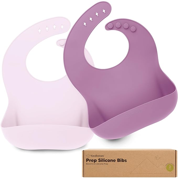 KeaBabies 2-Pack Silicone Bibs for Babies, Toddlers Girl, Boy ??Sturdy Food-Grade Baby Bibs for Eating, Large Food Catcher, Clean & Put On Easily, Waterproof Toddler Feeding Essentials (Amethyst)