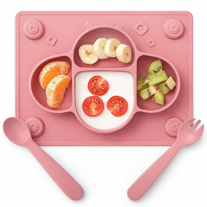 ROCCED Suction Plates for Baby Placemat Spoon Fork Set for Toddlers, Silicone Baby Plates with Suction Baby Dishes for Kids Plates-pale mauve