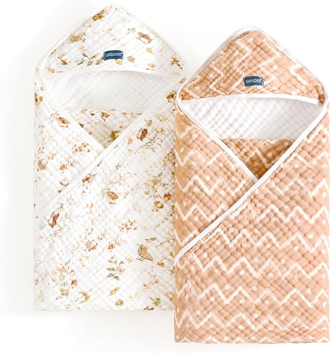 GRSSDER Ultra Soft Absorbent Muslin Cotton Baby Hooded Towel 2 Pack with Original Patterns, Extra Large Size 35"x 35" Swaddle Wrap for Newborn Infant and Toddler