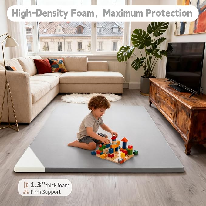 Baby Play Mat for Floor, 50"×50" Playpen Mat, 1.3" Thick Elasti-Foam, Non-Slip Crawling Mat for Tummy Time, Waterproof & Wipe-Clean Playmat for Toddler,Infant, Kids (Grey）