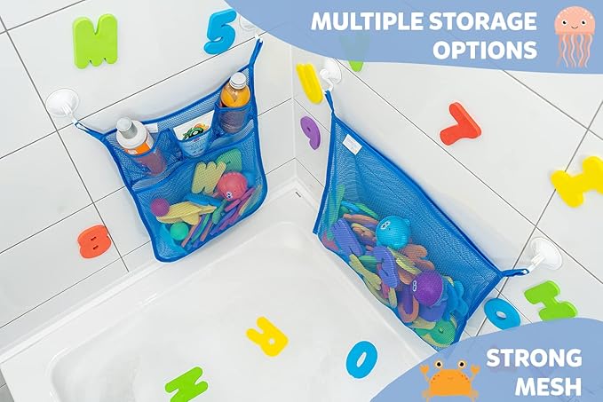 2 x Mesh Bath Toy Organizer + 6 Ultra Strong Hooks ??The Perfect Bathtub Toy Holder & Bathroom or Shower Caddy ??These Multi-use Net Bags Make Baby Bath Toy Storage Easy ??For Kids & Toddlers
