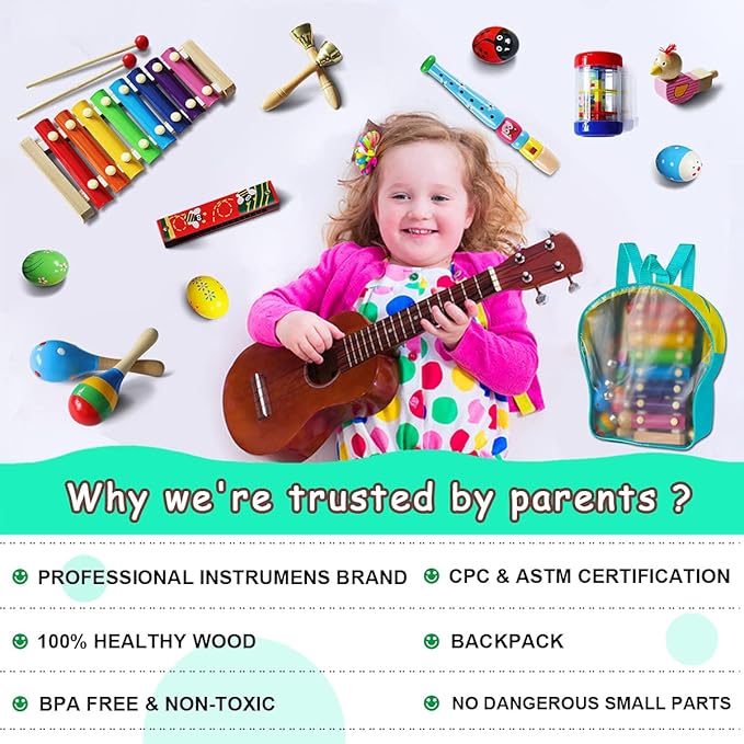 LOOIKOOS Toddler Musical Instruments,Wooden Percussion Instruments Toy for Kids Preschool Educational Musical Toys Set for Boys and Girls with Storage Bag