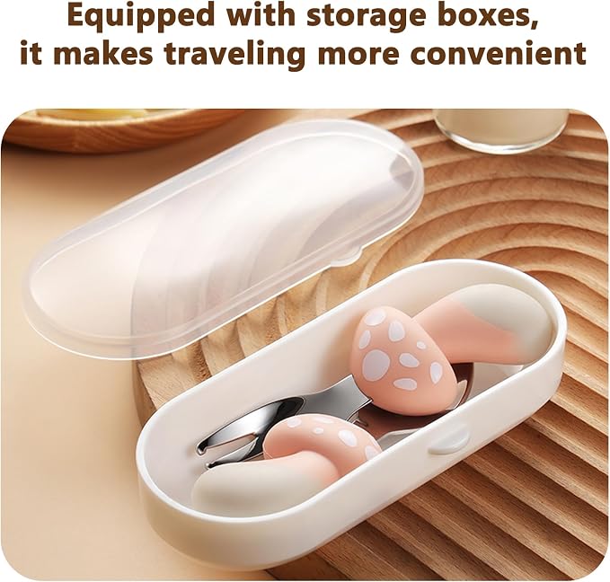 Toddler Utensils 4-Pack, Stainless Steel Toddler Forks and Spoons Set with Cute Mushroom& Strawberry Silicone Handles, Baby Kids Utensils, Children Safe Forks and Spoons Dishwasher Safe
