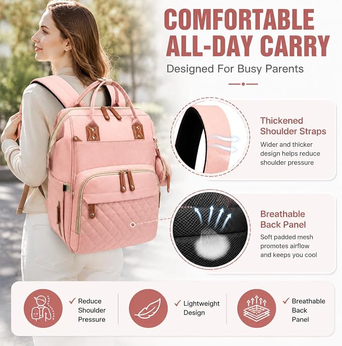 Black Diaper Bag Backpack, Multifunctional Waterproof Mommy Bag with Changing Pad, USB Port, Stroller Straps, Large Capacity Baby Travel Bag (pink)