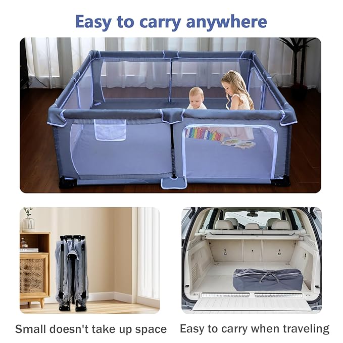 Foldable Baby Playpen 59"X71",Play Pen for Babies and Toddlers, Portable Playpen, Kids Collapsible Play Pen, Indoor & Outdoor Baby Fence with Visible Mesh,Safety Area Travel Play Yard with mat (Grey)